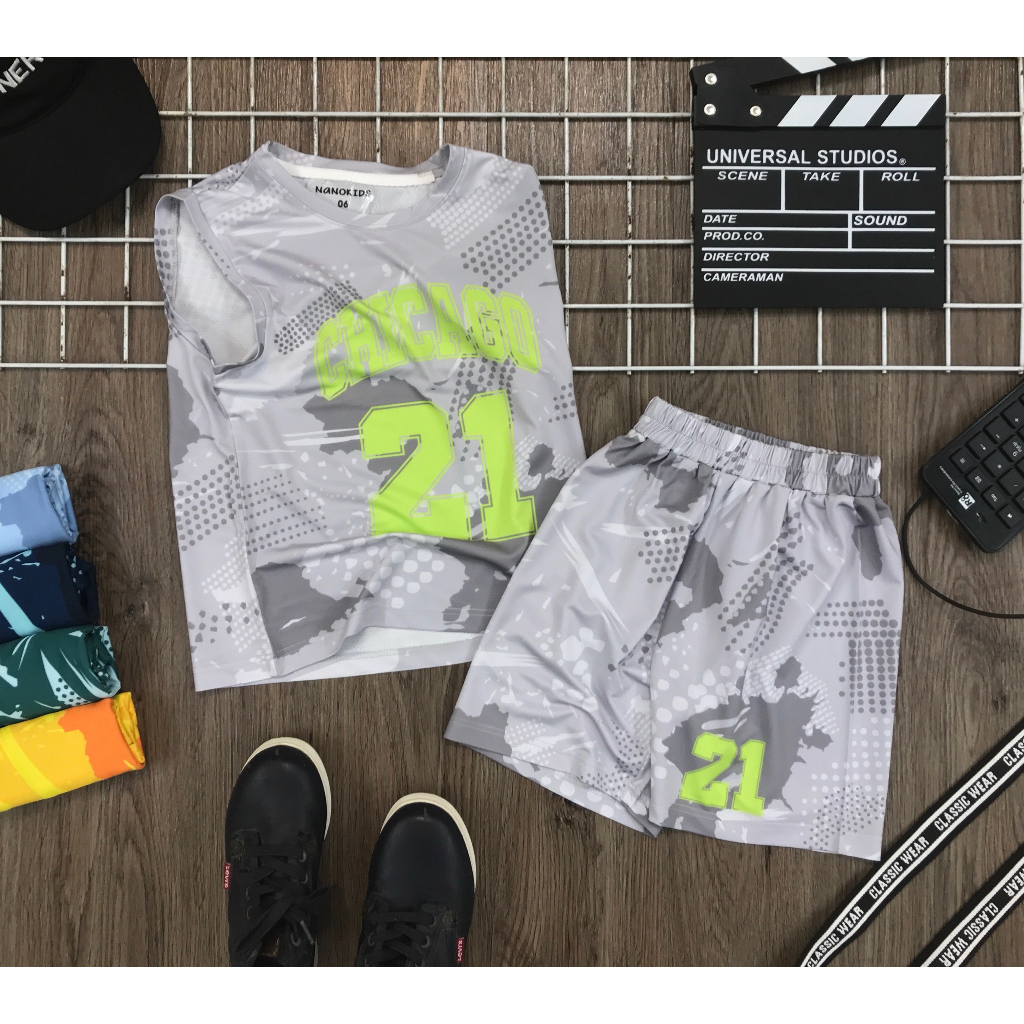 Bộ thể thao sát nách hiệu Nanokids in 3D CHICAGO 21 size bé 20-40kg