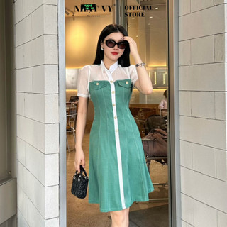 Đầm dự tiệc Nhật Vy cổ sơ mi viền chỉ phối tay voan đính cúc chất linen phù hợp đi chơi cafe sang chảnh - D2781