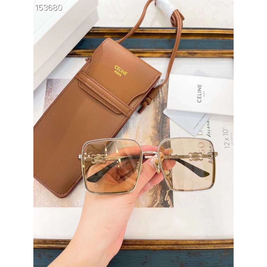 Kính mát nữ celine gọng vuông chất liệu kim loại màu nâu trà trong suốt đen tặng khăn