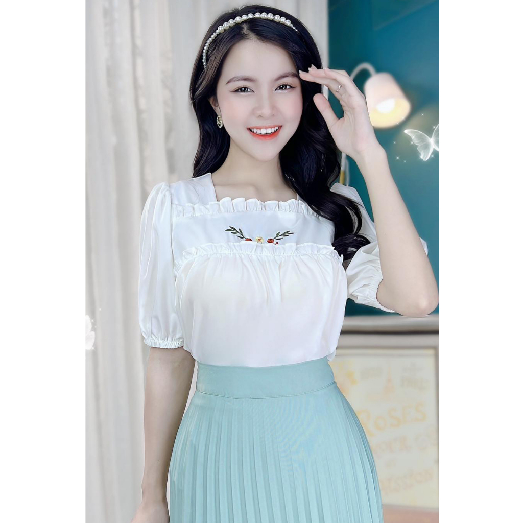 Áo sơ mi nữ tay bồng cổ vuông viền bèo kiểu hanbok thêu hoa xinh xắn CHUU A9329