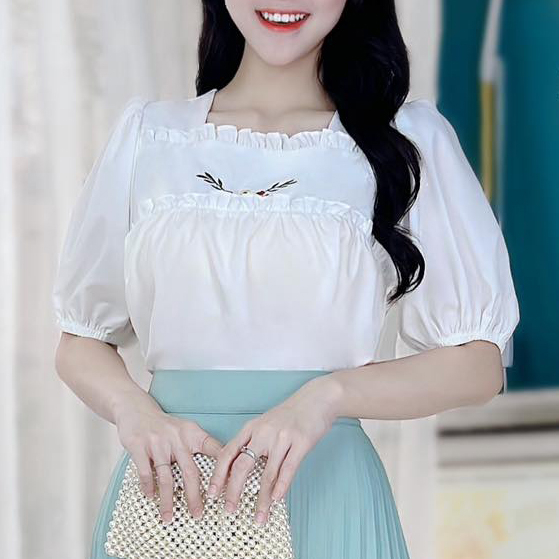 Áo sơ mi nữ tay bồng cổ vuông viền bèo kiểu hanbok thêu hoa xinh xắn CHUU A9329