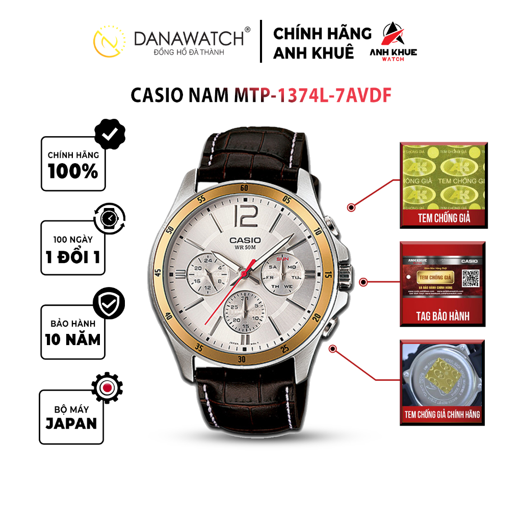 Đồng hồ Casio Nam chính hãng Casio Nhật Bản MTP-1374L-7AVDF dây da chính hãng chống nước tốt