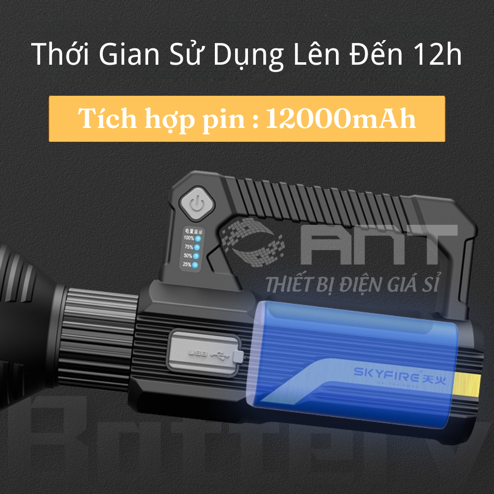 Đèn pin cầm tay siêu sáng chống nước, chiếu xa 500m, có chân đế và cổng sạc USB, NO 1098-1130