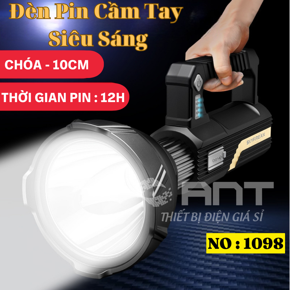 Đèn pin cầm tay siêu sáng chống nước, chiếu xa 500m, có chân đế và cổng sạc USB, NO 1098-1130
