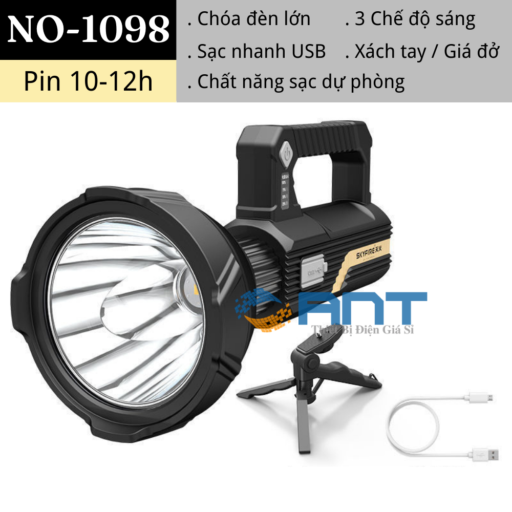 Đèn pin cầm tay siêu sáng chống nước, chiếu xa 500m, có chân đế và cổng sạc USB, NO 1098-1130