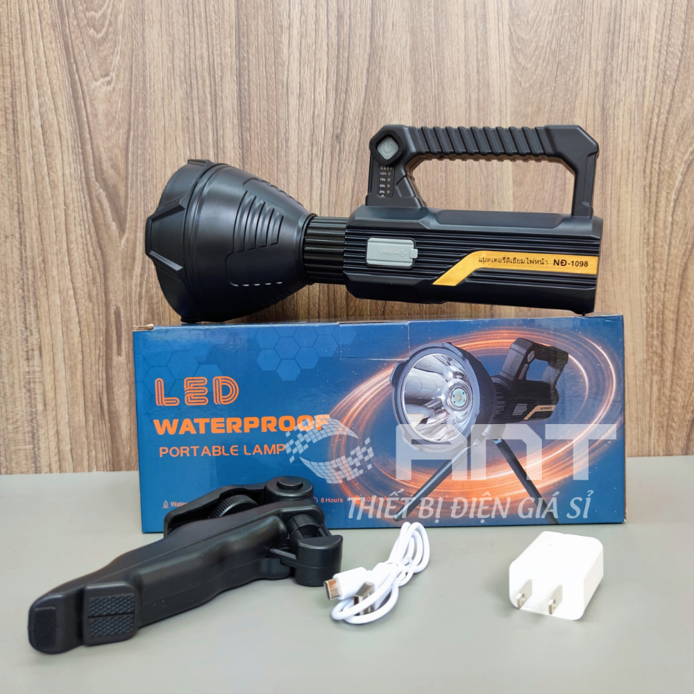 Đèn pin cầm tay siêu sáng chống nước, chiếu xa 500m, có chân đế và cổng sạc USB, NO 1098-1130
