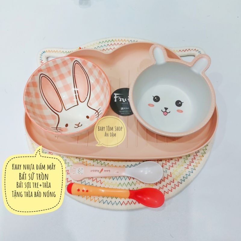 Bát ăn dặm sợi tre size nhỏ 150ml hình con vật ngộ nghĩnh cho bé, Baby Tôm, set khay bát cốc thìa dĩa cho bé