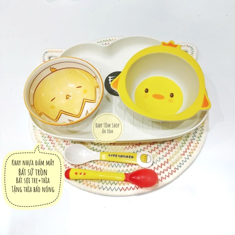 Bát ăn dặm sợi tre size nhỏ 150ml hình con vật ngộ nghĩnh cho bé, Baby Tôm, set khay bát cốc thìa dĩa cho bé