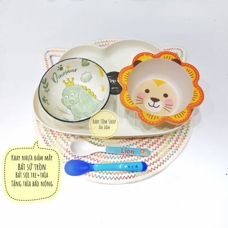 Bát ăn dặm sợi tre size nhỏ 150ml hình con vật ngộ nghĩnh cho bé, Baby Tôm, set khay bát cốc thìa dĩa cho bé
