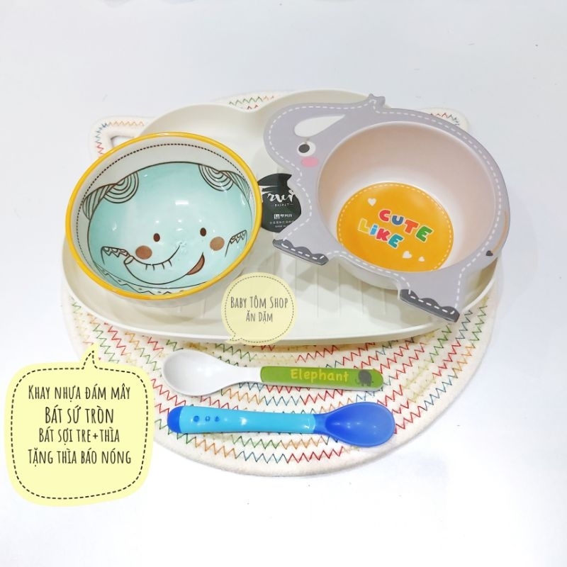 Bát ăn dặm sợi tre size nhỏ 150ml hình con vật ngộ nghĩnh cho bé, Baby Tôm, set khay bát cốc thìa dĩa cho bé