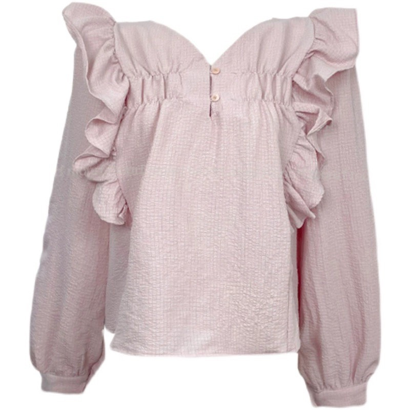 Áo sơ mi nữ dài tay MORAN cổ V phối bèo vai cánh tiên điệu đà màu hồng nhạt