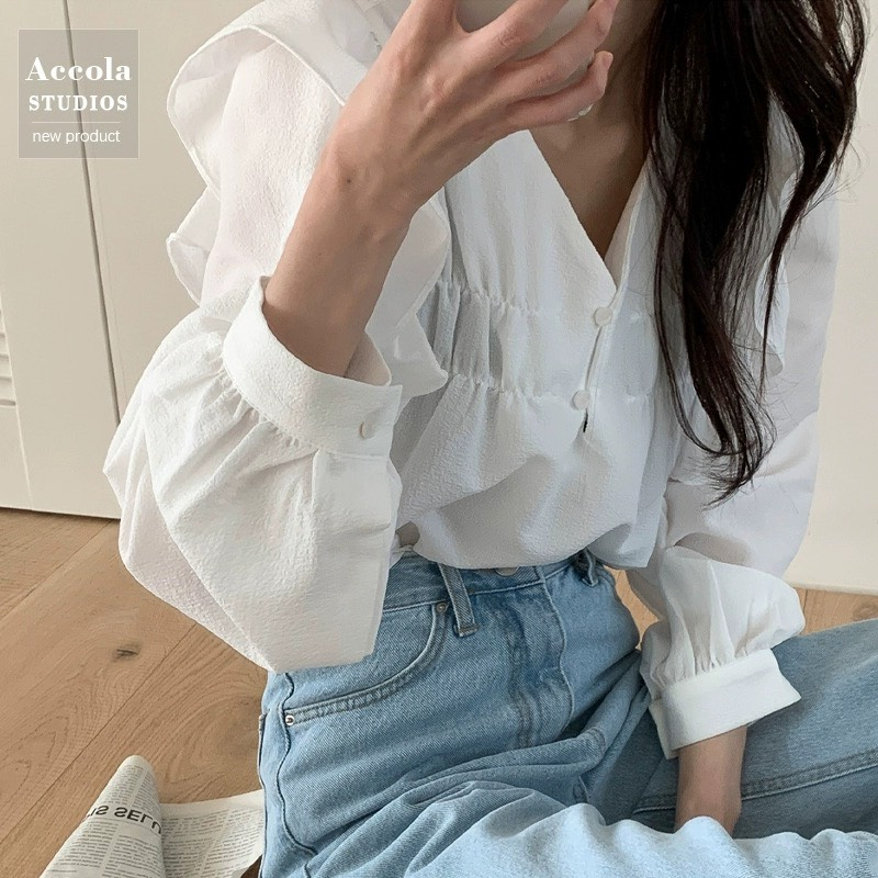 Áo sơ mi nữ dài tay MORAN cổ V phối bèo vai cánh tiên điệu đà màu hồng nhạt