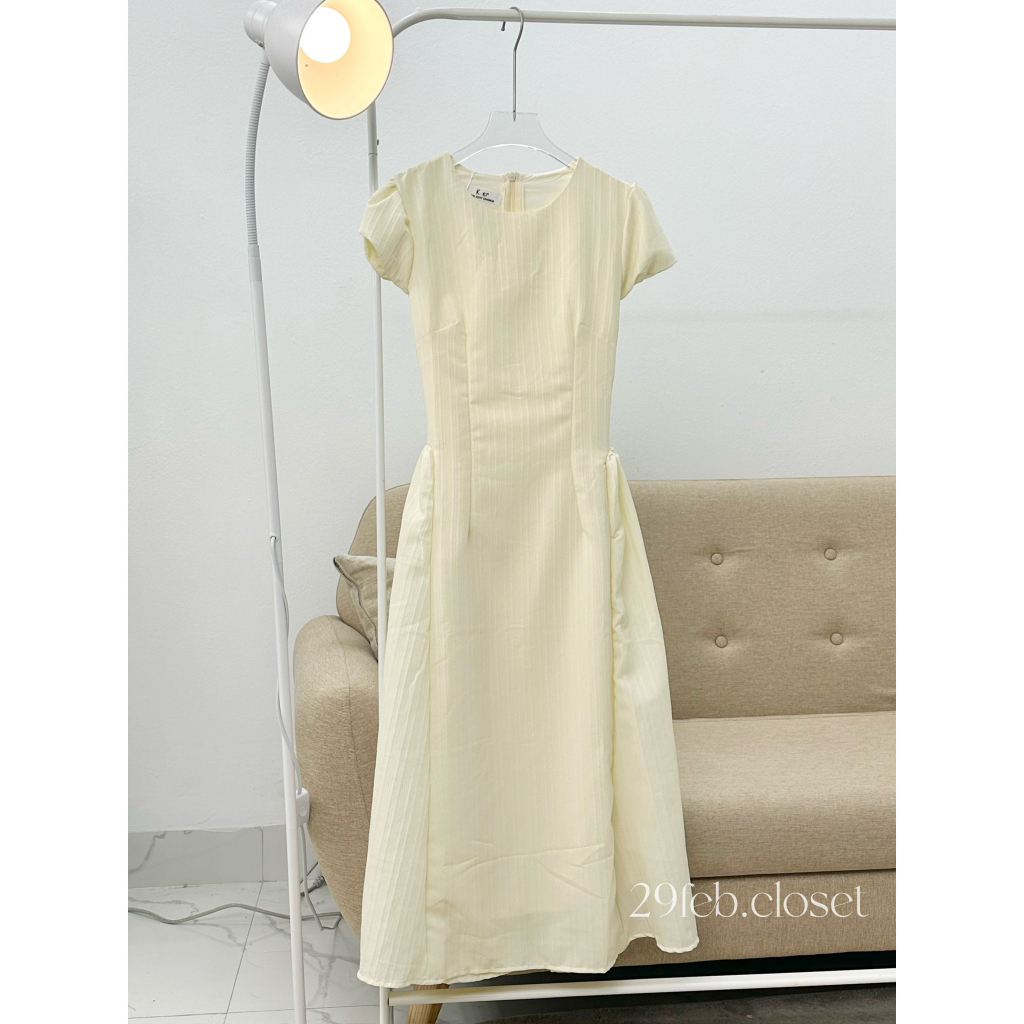 Váy tay bồng chiết eo 29feb.closet cổ tròn chất đũi gân dáng xòe dài công chúa - V118