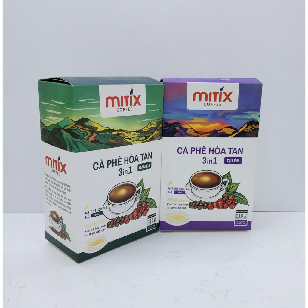 Cà phê hòa tan 3in1 Mitix, Set 2 hộp (1 hộp vị đậm 216g và 1 hộp vị nhẹ 216g)