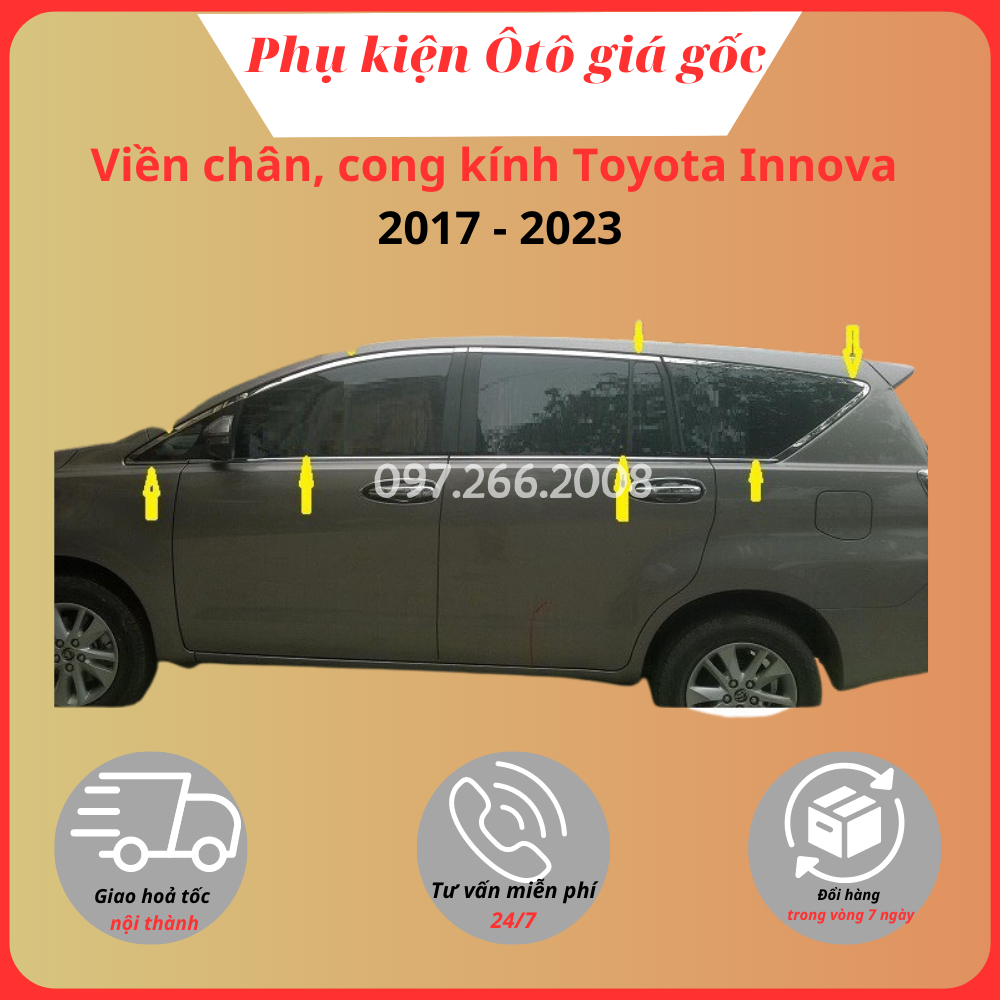 Nẹp viền chân, cong kính xe Toyota Innova 2017 - 2021, 2022, 2023 inox 304 cao cấp