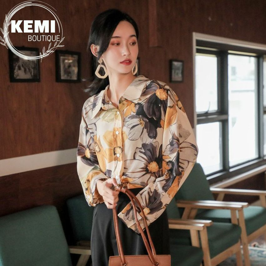 Áo sơ mi nữ tay dài dáng rộng họa tiết tranh sơn dầu thời trang mùa thu phong cách retro 2022 - Kemi