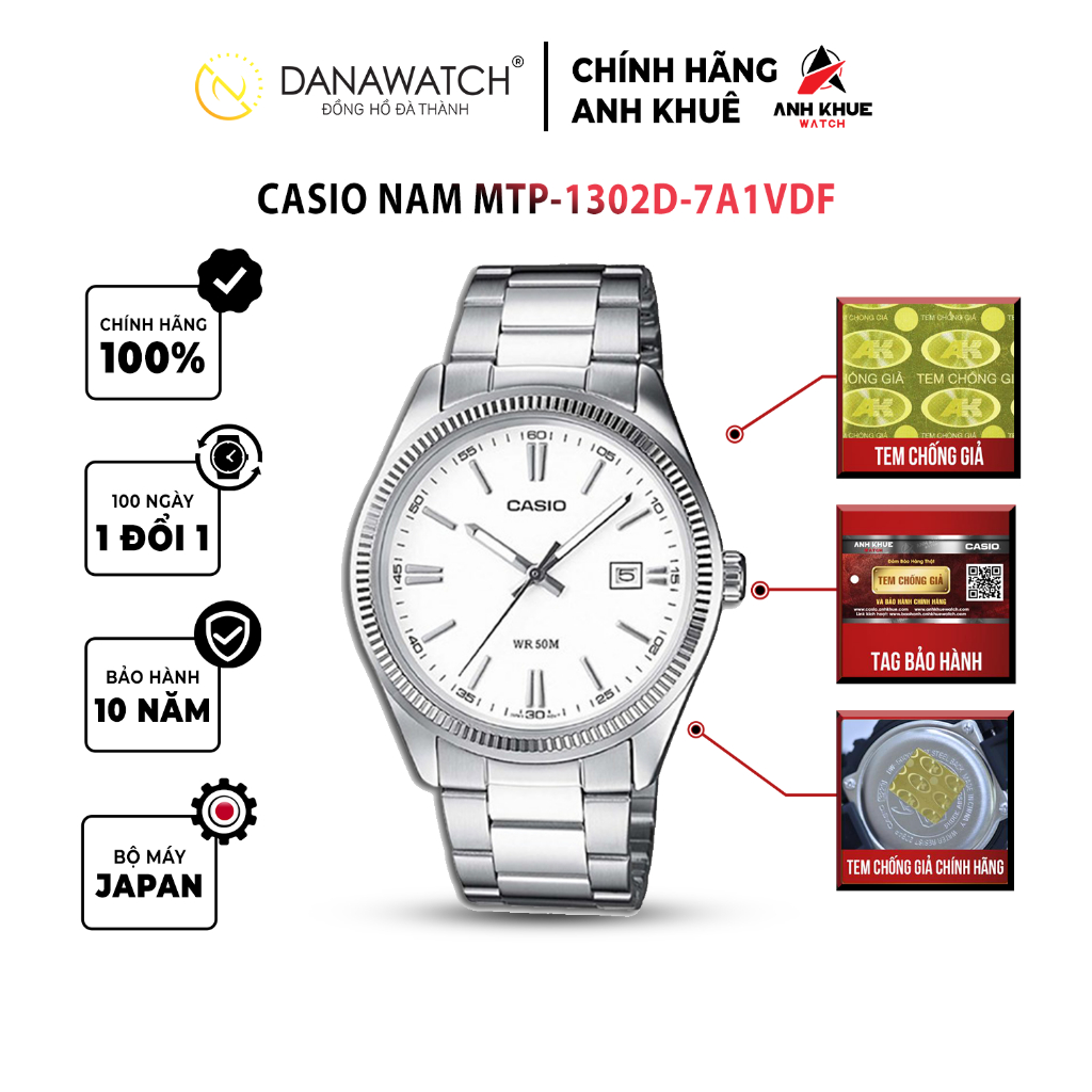 Đồng hồ Casio Nam chính hãng Casio Nhật Bản MTP-1302D-7A1VDF thép không gỉ chống nước tốt