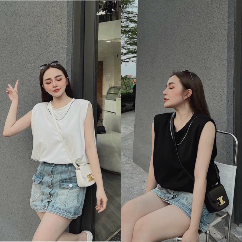 Áo Thun Sát Nách Kèm Dây Vòng Cổ Có Đệm Vai Dáng Phồng Hàng 2 Lớp