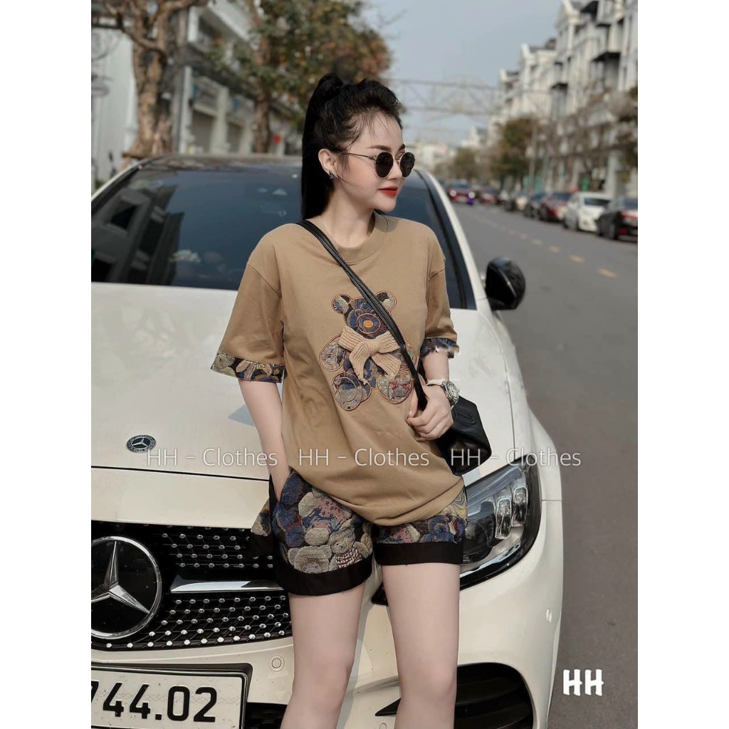 Set Bộ Thời Trang Nữ Chất Cotton In GG Cổ Tròn Tay Áo Ngắn Chạy Viền Quần Đùi Lưng Thun Ôm Viền Lai Mini