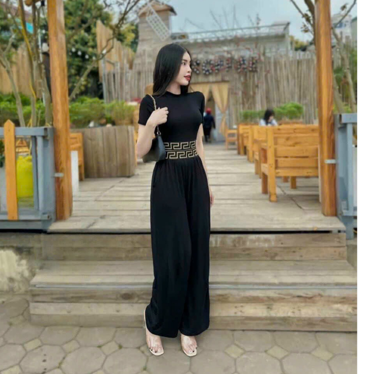 Set Bộ Thời Trang Nữ Đi Chơi Chất Thun Dẻo Cổ tròn Tay Ngắn Bo Viền Lai Quần Dài Lưng Thun Chạy Viền Ống Đứng Maxi