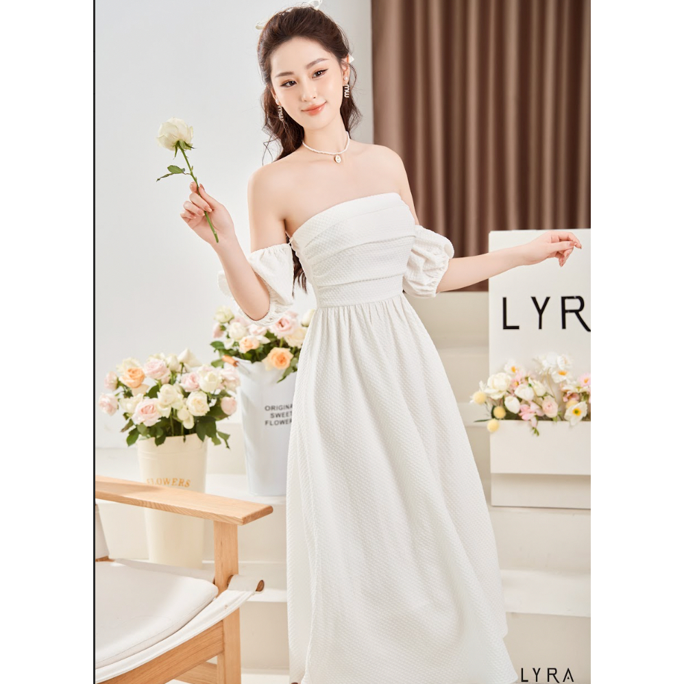 Đầm xốp LYRA trắng cúp ngực thân trên xếp ly tay lồng đèn rời nhẹ nhàng, nữ tính - LWNVD010