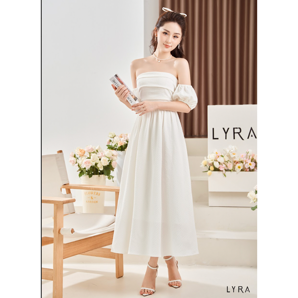 Đầm xốp LYRA trắng cúp ngực thân trên xếp ly tay lồng đèn rời nhẹ nhàng, nữ tính - LWNVD010