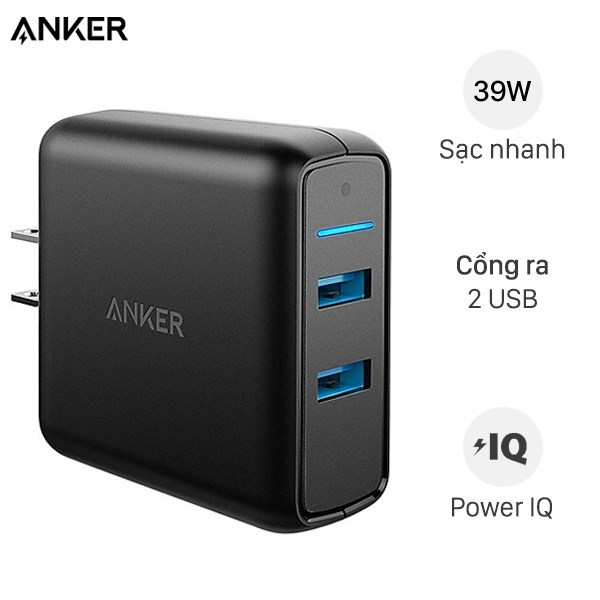Cốc Sạc nhanh 2 cổng Anker Poweport Speed 2, 39w, QC 3.0 - A2025