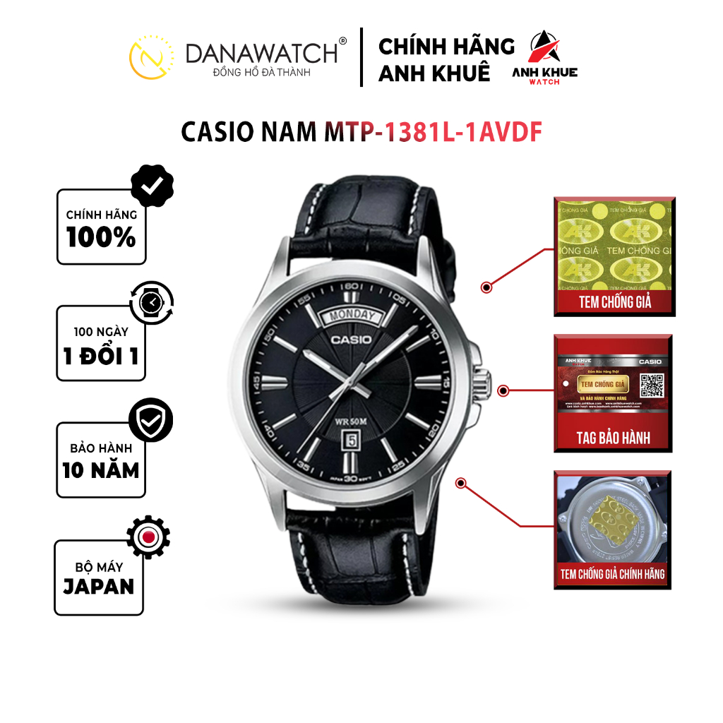 Đồng hồ Casio Nam chính hãng Casio Nhật Bản MTP-1381L-1AVDF dây da chính hãng chống nước tốt