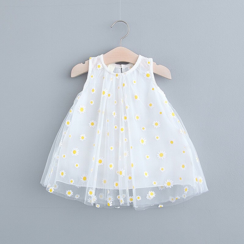 Đầm xòe công chúa vải lưới thêu hoa cúc thời trang mới cho bé gái
