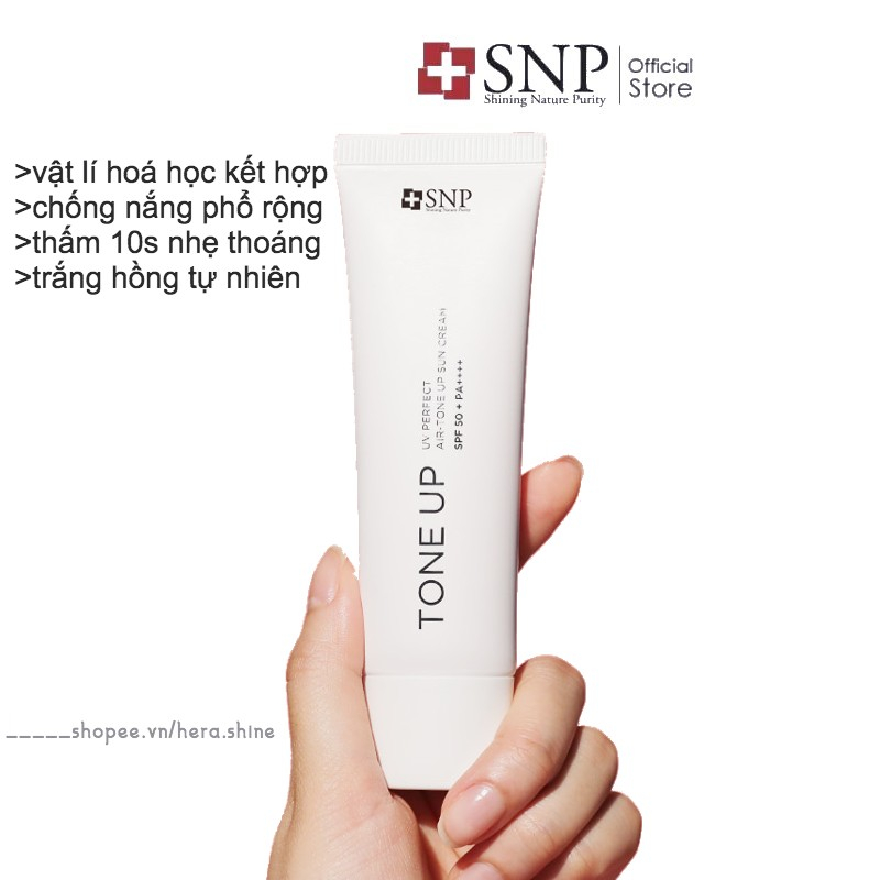 Kem Chống Nắng Phổ Rộng Nâng Tông SNP UV Perfect Air Tone Up Sun Cream Nhẹ Thoáng Mát Da Trắng Hồng Tự Nhiên SPF 50+ 50g