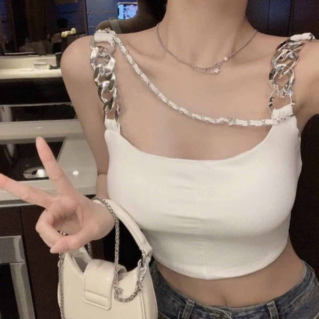 Áo kiểu 2 dây phối xích croptop vải borip