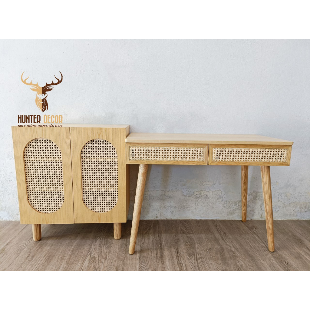 Bàn làm việc, bàn makeup gỗ phối mây
