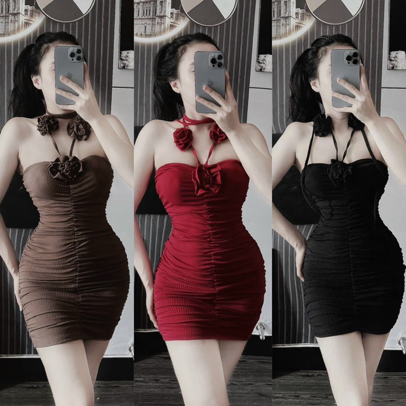 Đầm Ống Đính 1 Bông Hoa Hồng Khoét Eo Dáng Ngắn Chất Tăm Bo Siêu Đẹp