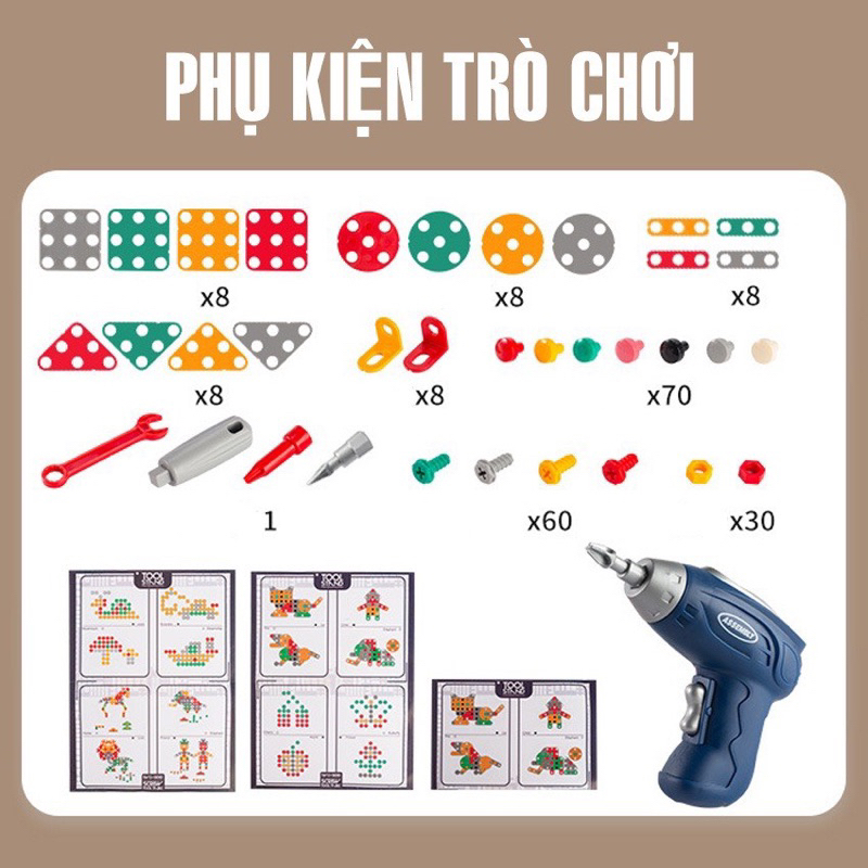 Bộ đồ chơi kỹ sư lắp ráp kèm khoan điện - đồ chơi vặn ốc vít - Cho bé từ 3 tuổi - Lana Queen