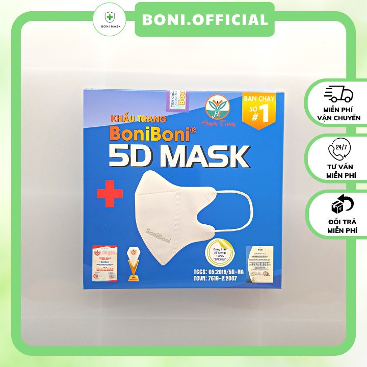 Khẩu trang 5d mask BoniBoni kháng khuẩn ngăn bụi thoáng khi không đau tai (Combo 10 hộp 100 chiếc)