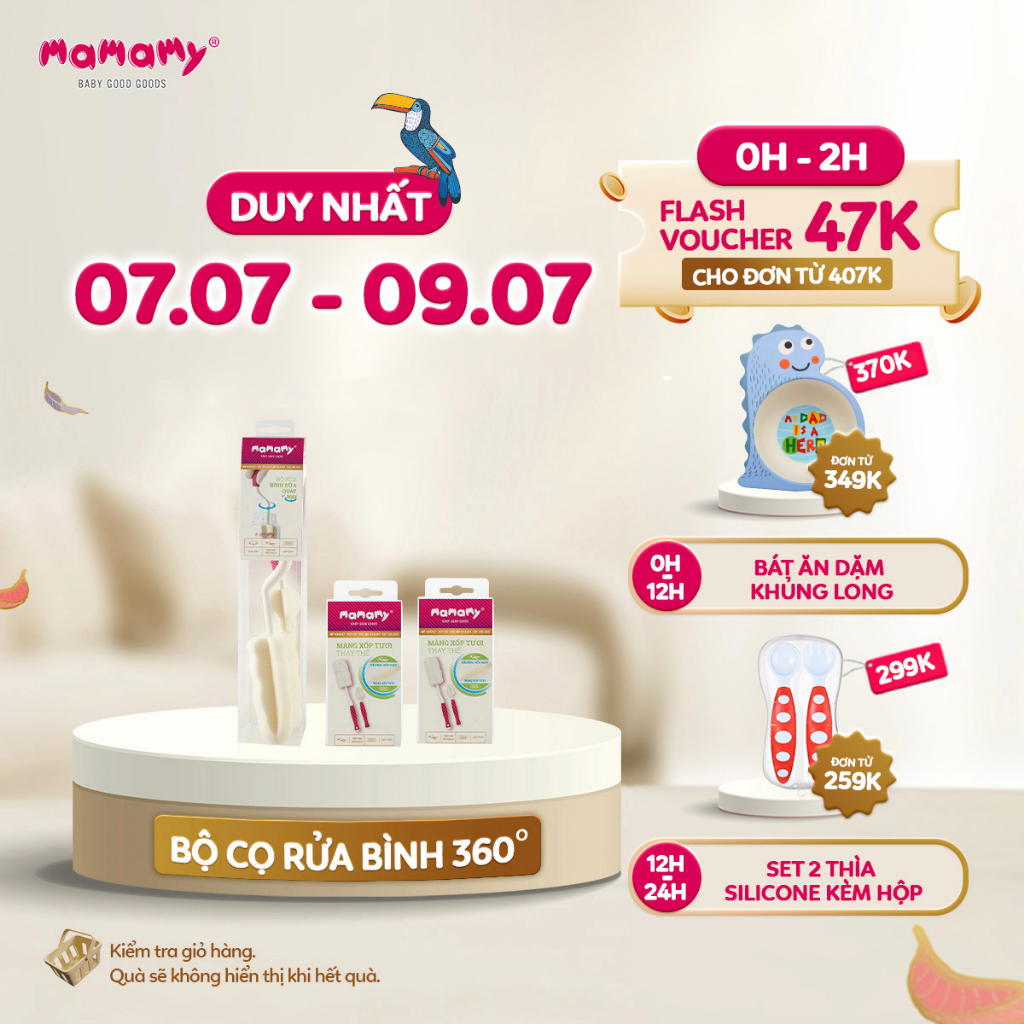 Bộ cọ rửa bình sữa và 2 miếng thay thế quay 360 độ cao cấp tự nhiên Mamamy không gây xước bình, bảo vệ hệ tiêu hóa bé