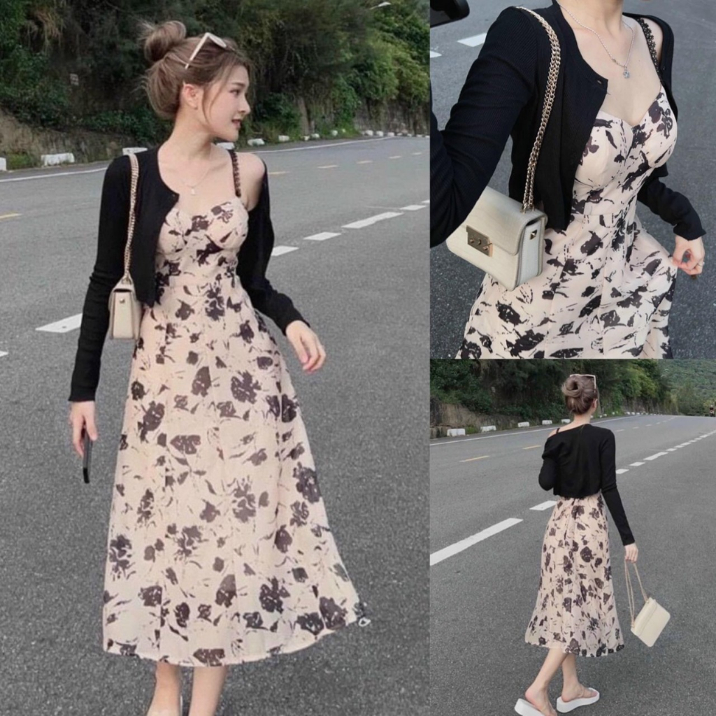 ♥️Set áo calidan mix váy hoa nhí có cúp ngực