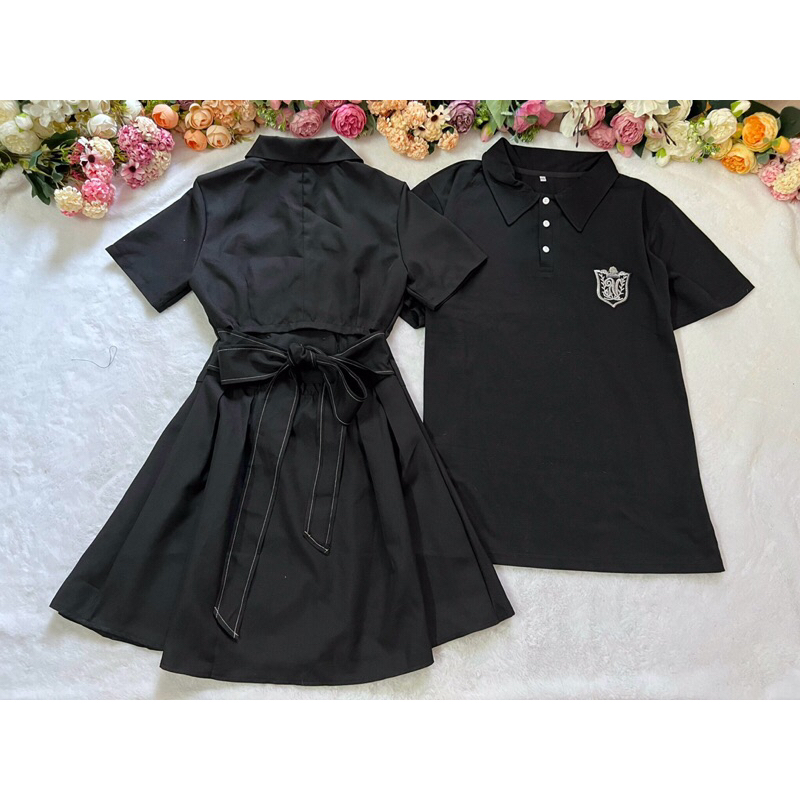 Đầm cổ vest khoét lưng  6 nút đính logo + Áo thun nam logo phối hợp