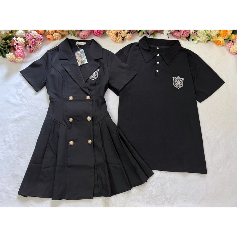 Đầm cổ vest khoét lưng  6 nút đính logo + Áo thun nam logo phối hợp