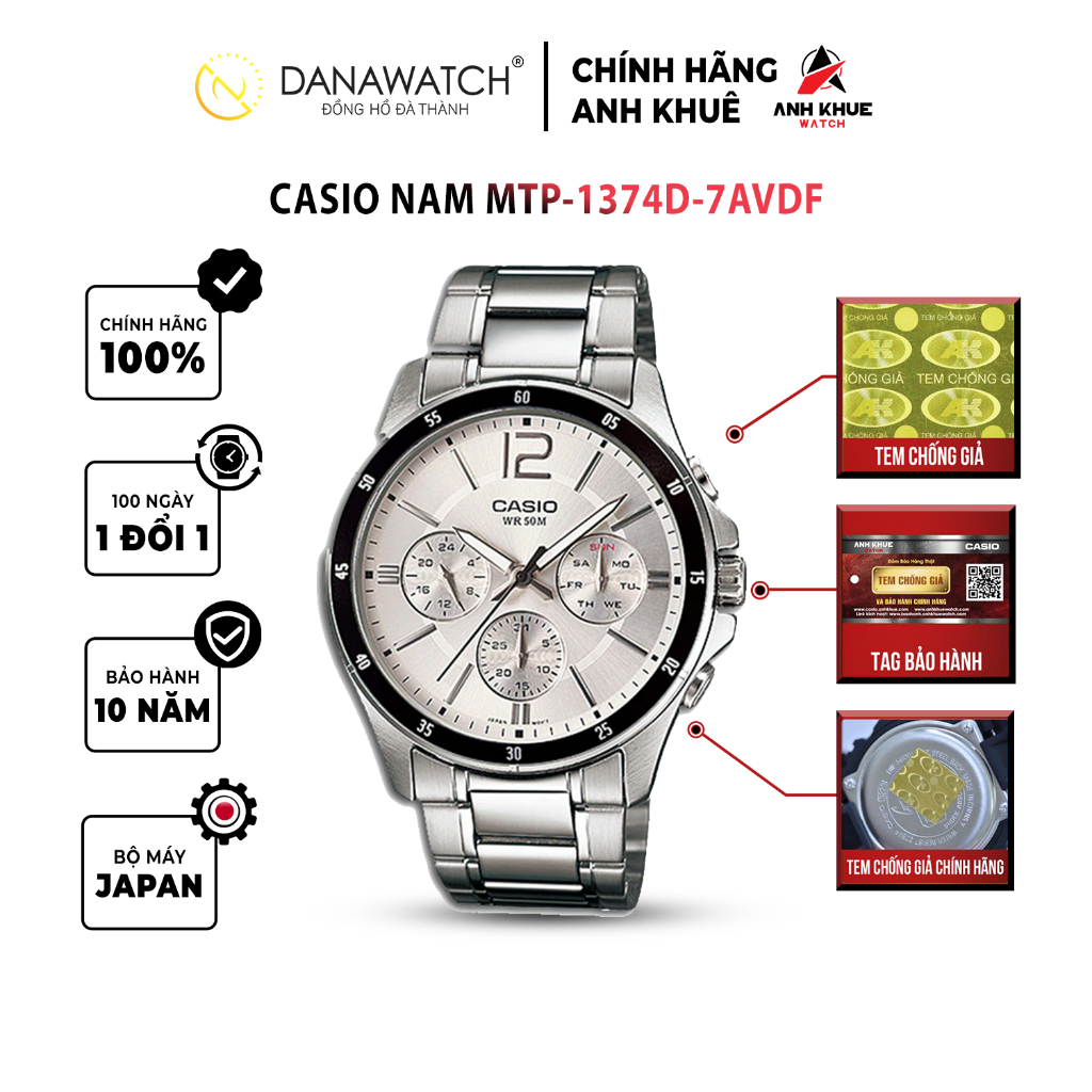 Đồng hồ Casio Nam chính hãng Casio Nhật Bản MTP-1374D-7AVDF thép không gỉ chống nước tốt
