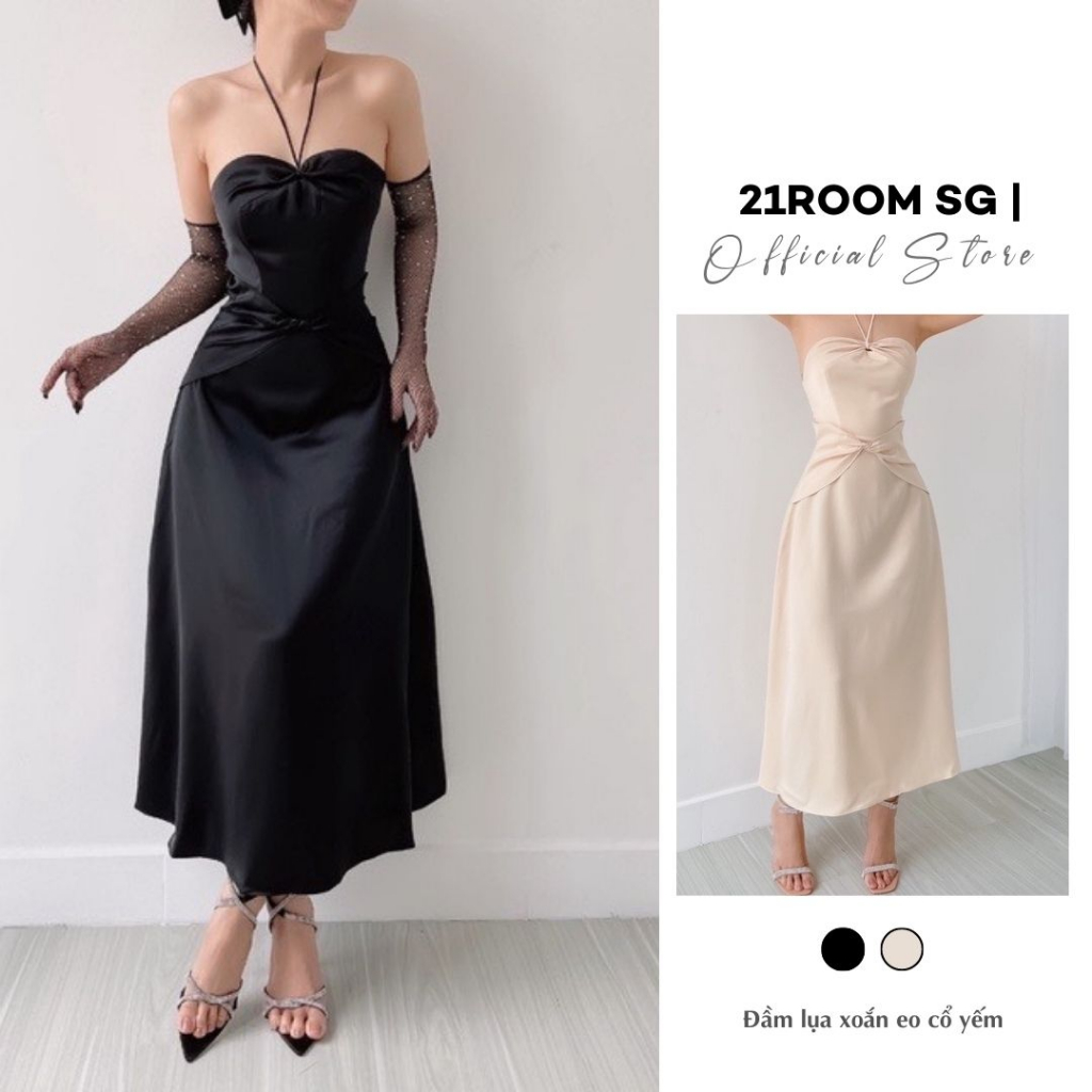 Đầm Nữ Midi Lụa Cổ Yếm 21 Room Xoắn Eo Tôn Dáng Đầm Dự Tiệc Chất Lụa Không Nhăn Cao Cấp 2 Màu