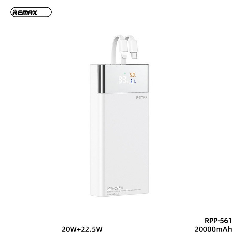Pin sạc dự phòng Remax RPP-561, Dung lượng 20000mAh , PD 22.5W và QC 22.5W, kèm 2 cáp sạc, màn hình hiển thị, 5 cổng ra