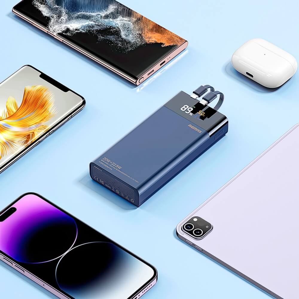 Pin sạc dự phòng Remax RPP-561, Dung lượng 20000mAh , PD 22.5W và QC 22.5W, kèm 2 cáp sạc, màn hình hiển thị, 5 cổng ra