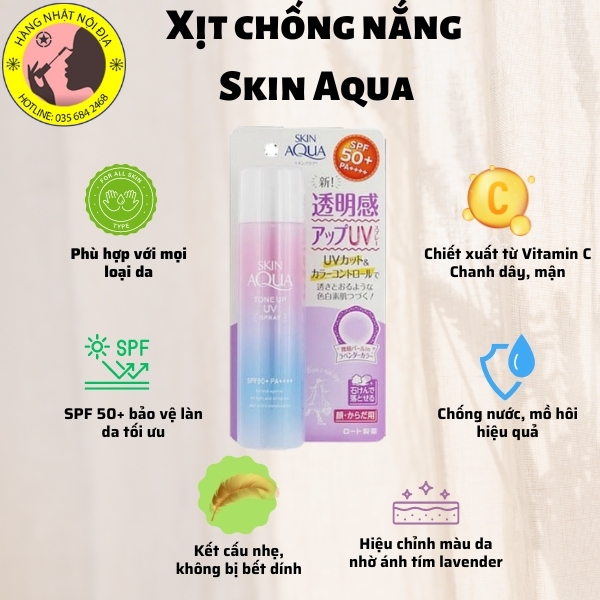 Xịt chống nắng Skin Aqua Tone Up UV Spray SPF 50+ Nhật Bản 70g