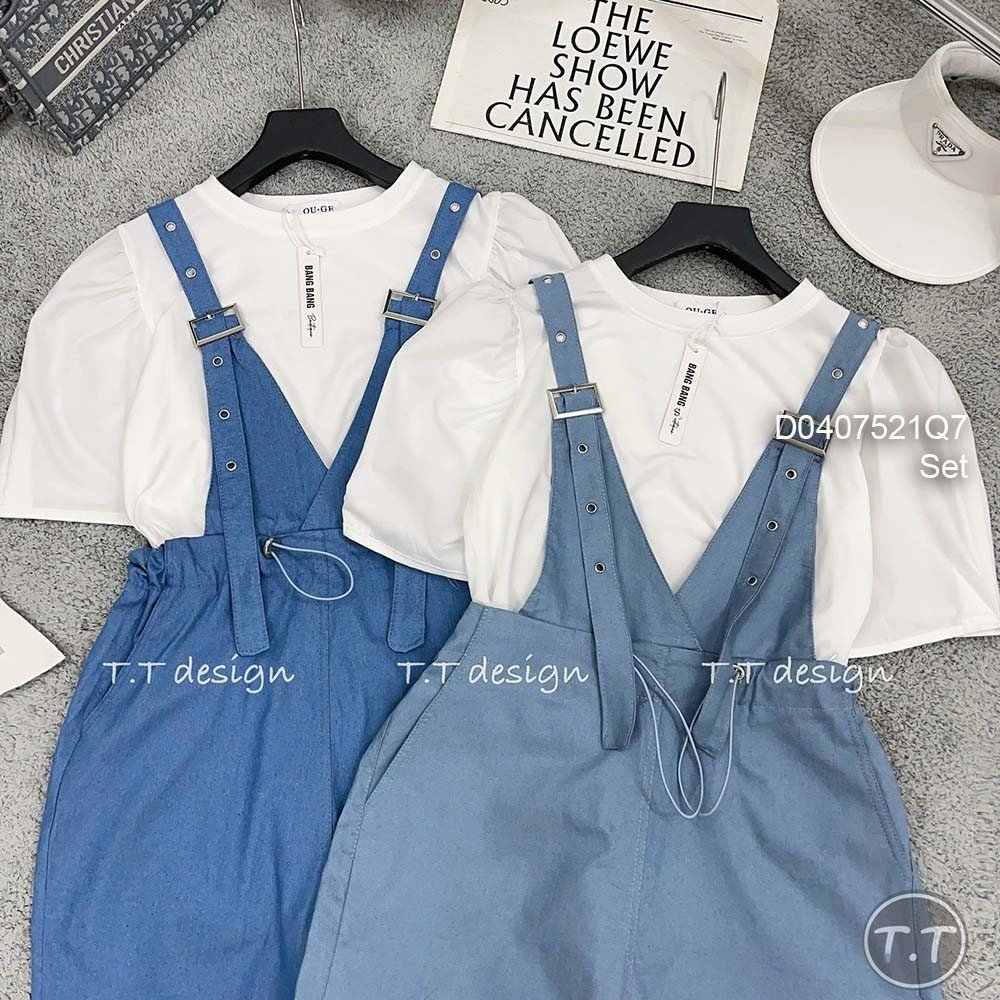 Set bộ 2 món yếm jean demin short phối áo thun trắng tay ngắn hàng đẹp!