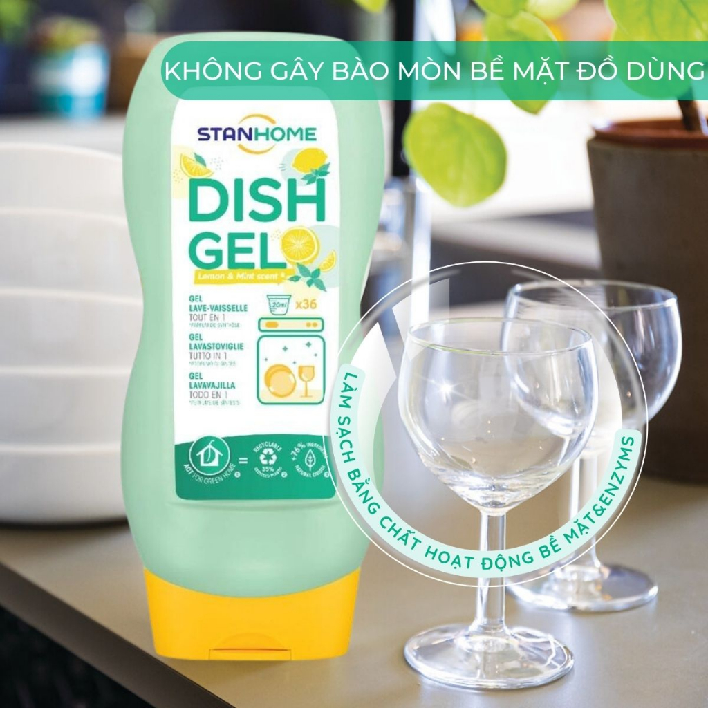 Gel Máy Rửa Chén Đậm Đặc Chuyên Dụng 3 trong 1 STANHOME Dish Gel Hương Chanh Bạc Hà Làm Sạch Dầu Mỡ an Toàn 720ML