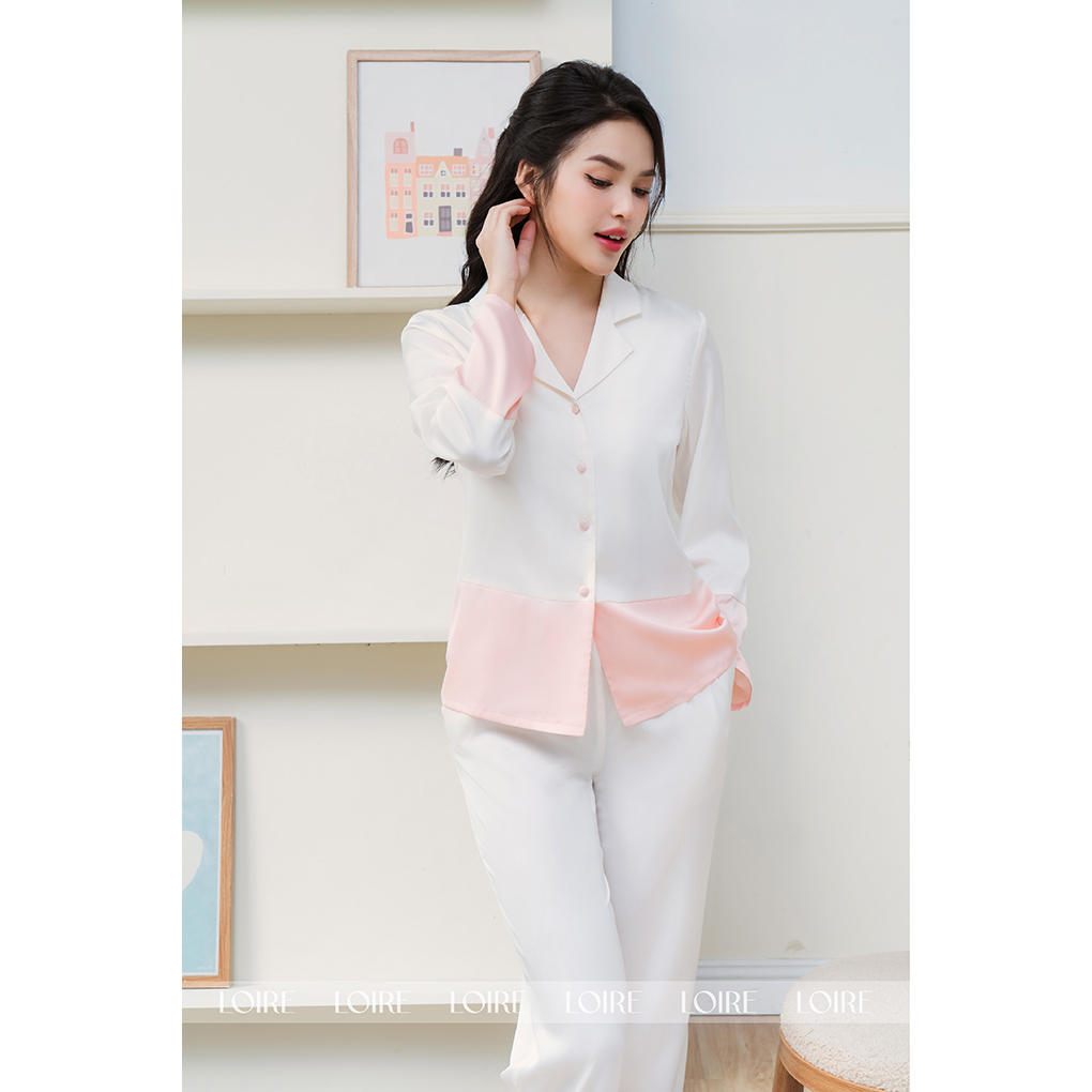 Bộ Pijama Lụa Trắng Phối Màu Pastel Cúc Bọc Loirechic LPD19