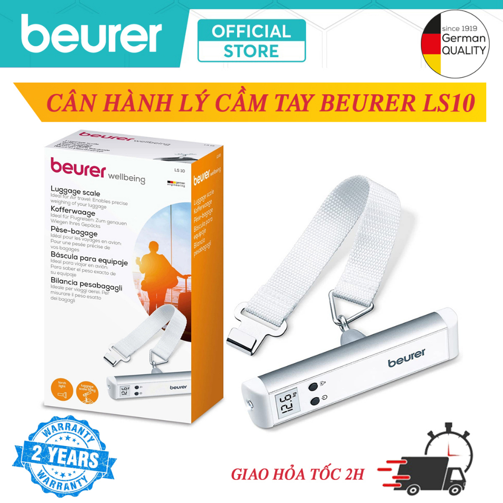 Cân Hành Lý Điện Tử Cầm Tay Beurer LS10 Chính Hãng | Tải Trọng 50 Kg, Màn Hình LCD, Tích Hợp Đèn Pin | Bảo Hành 5 Năm