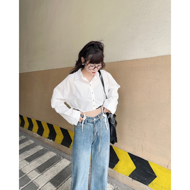 3100- Áo sơ mi croptop tay dài rút eo Quỳnh vintage
