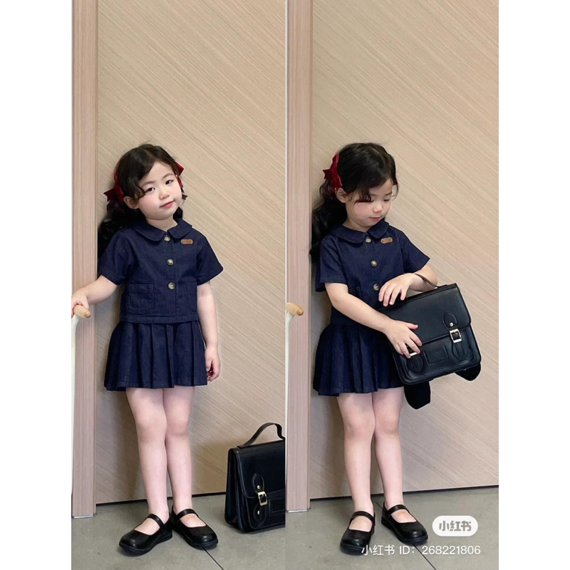 Set bộ bò cho bé gái, áo kiểu sơ mi cổ sen mix chân váy sang chảnh, chất bò mềm mặc đi học đi chơi thoải mái